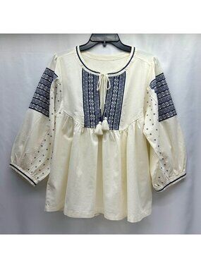 Boho Cream Peasant Top With Navy Embroidery & Tassels Long Bell Sleeves Size M L